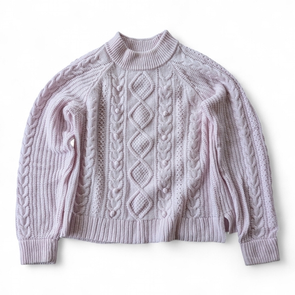 J. Crew Cable Knit Pom Pom Women's Lilac Azra Knit Lambswool Fisherman Sweater L - Picture 5 of 12